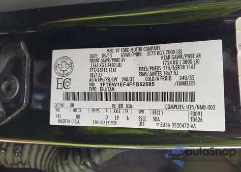 2015 Ford F-150 Lariat z USA, uszkodzony, nr VIN 1FTEW1EF4FFB52585